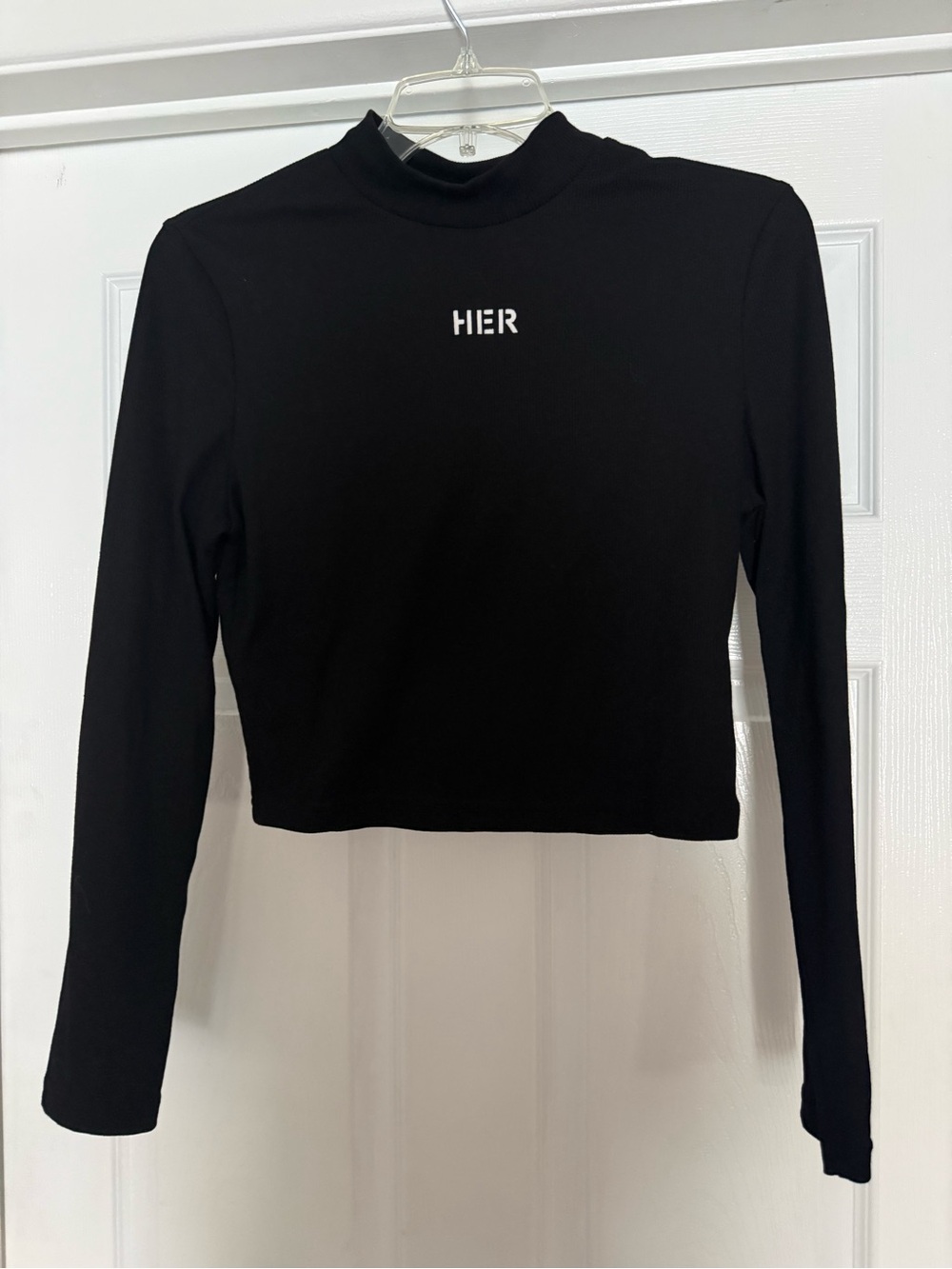 SHEIN Black Long Sleeve Cropped Top with HER Logo & High Neck